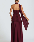 Asymmetric Corset-Style Maxi Dress with Matching Scarf