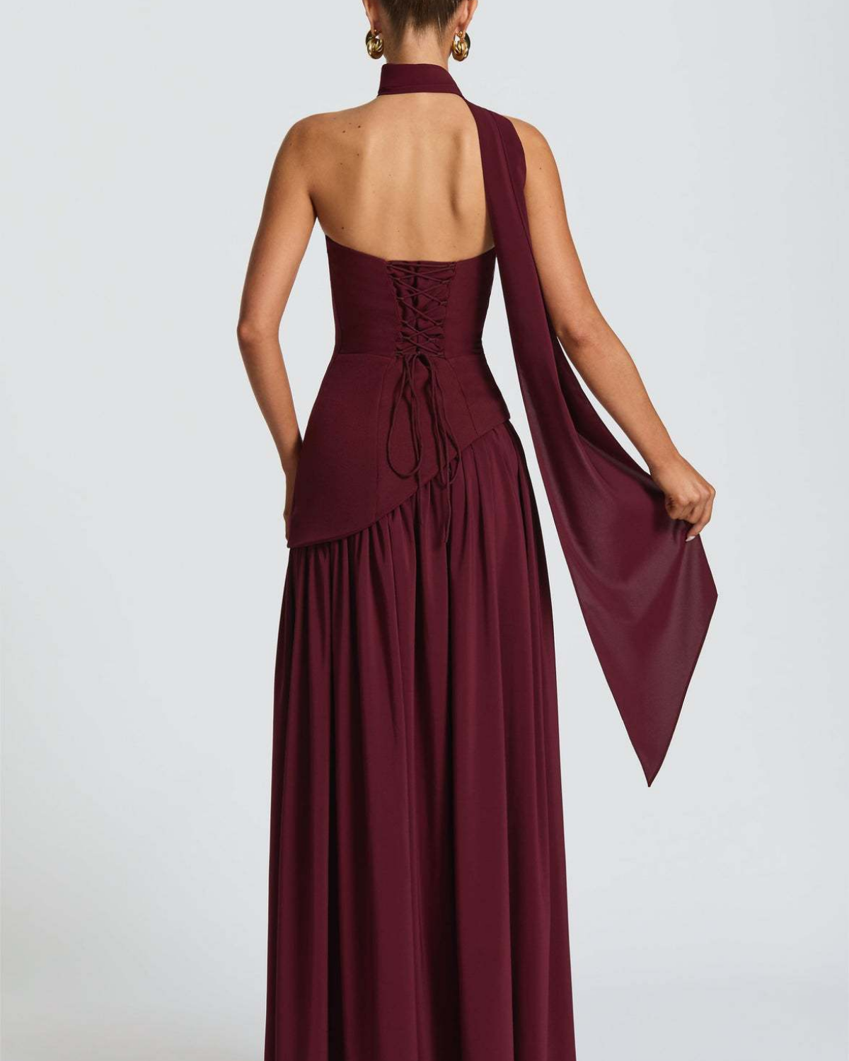 Asymmetric Corset-Style Maxi Dress with Matching Scarf