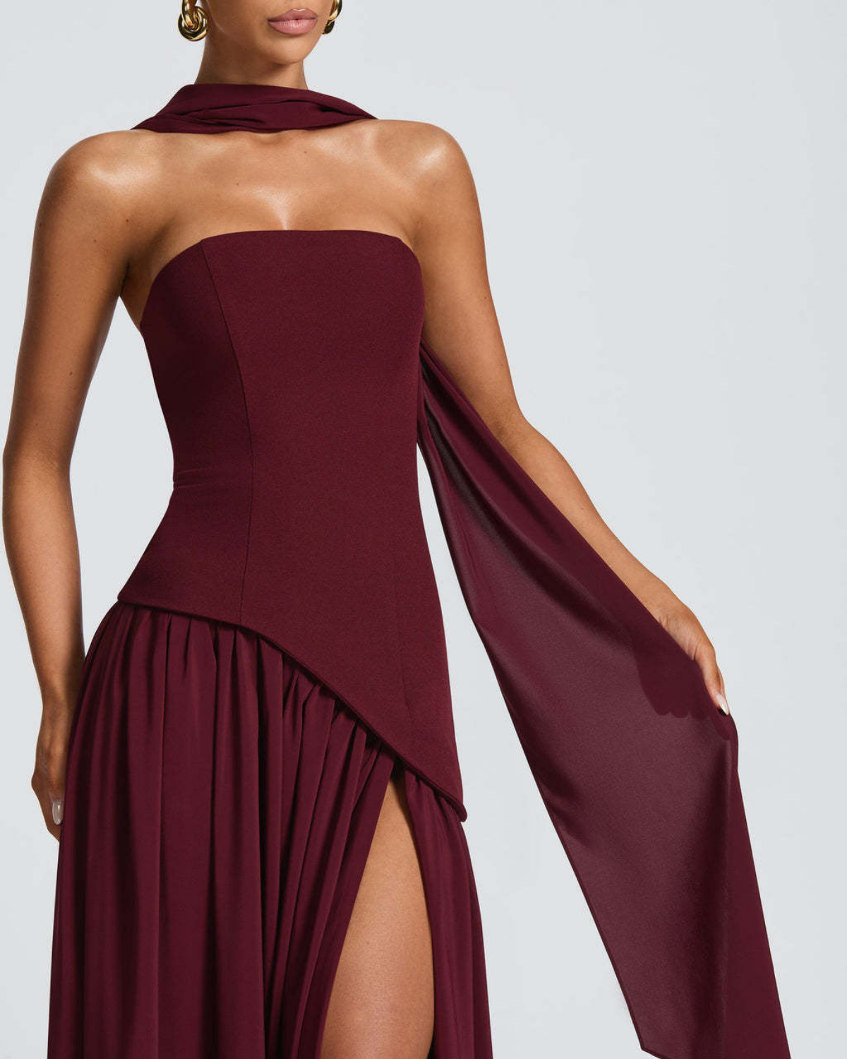 Asymmetric Corset-Style Maxi Dress with Matching Scarf