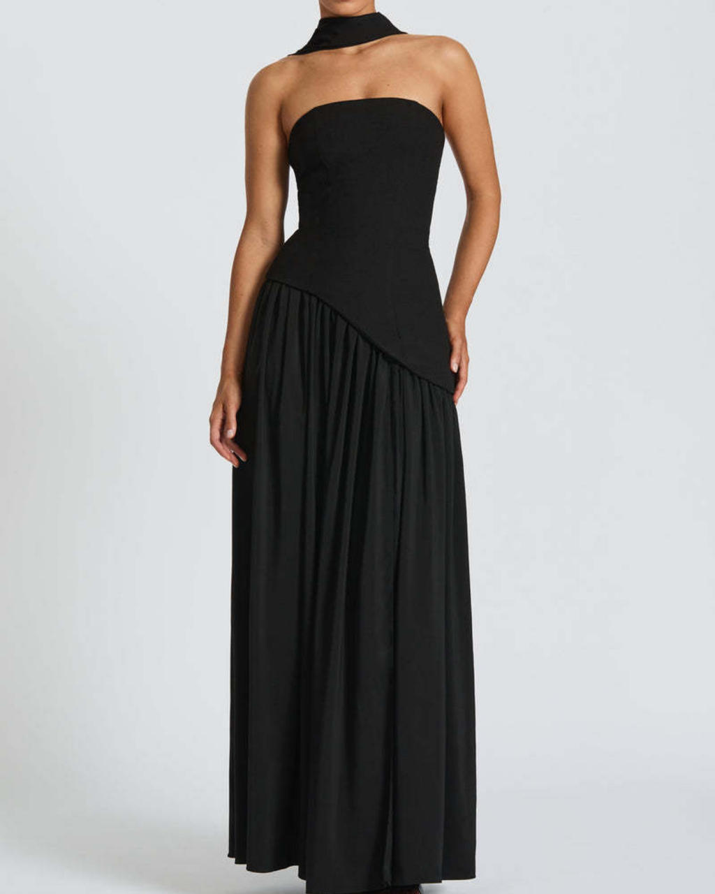Asymmetric Corset-Style Maxi Dress with Matching Scarf
