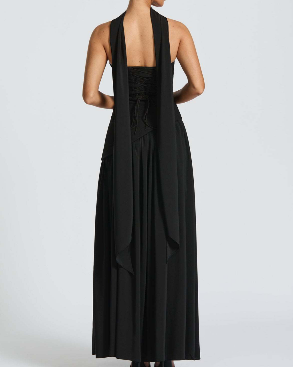 Asymmetric Corset-Style Maxi Dress with Matching Scarf