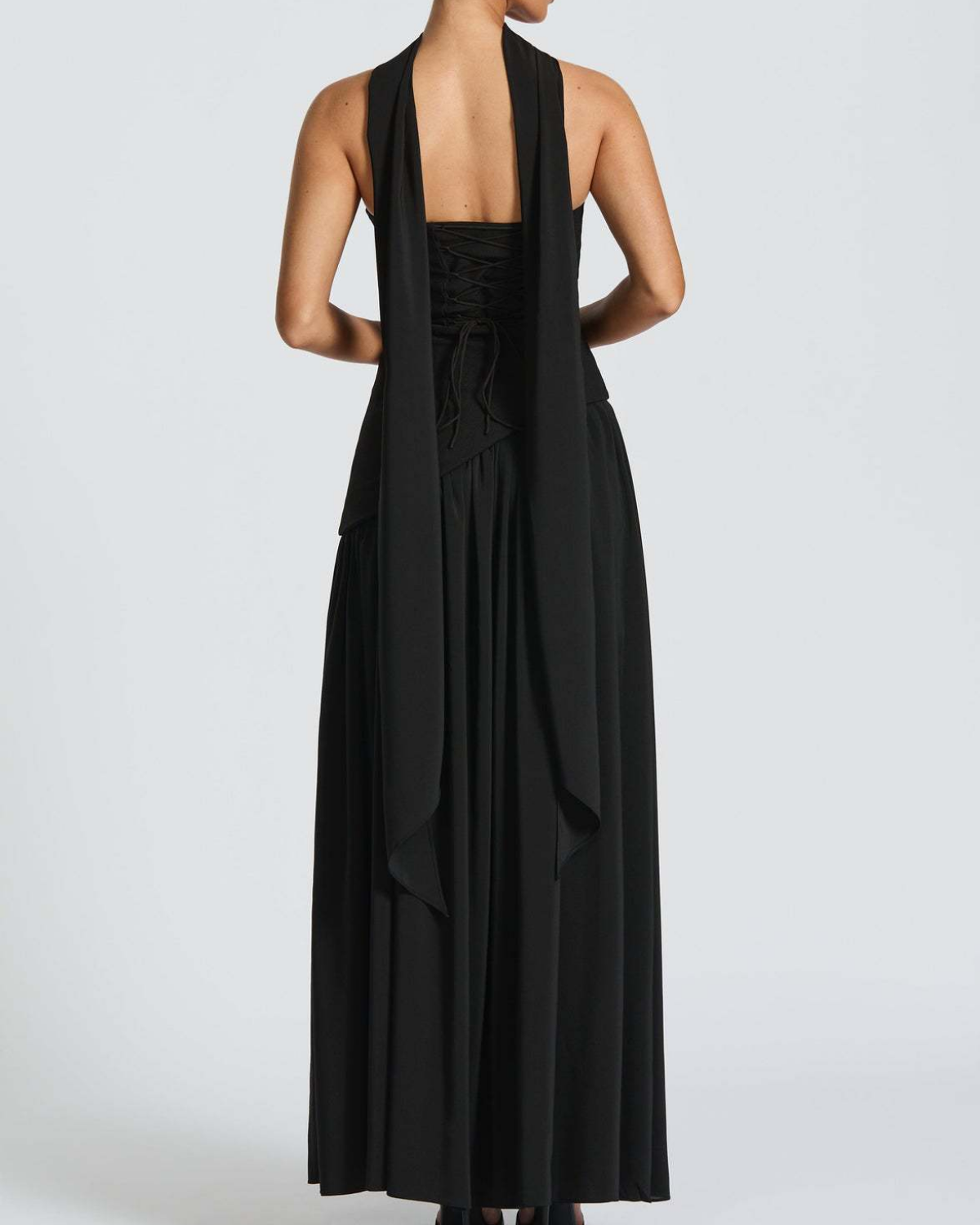 Asymmetric Corset-Style Maxi Dress with Matching Scarf