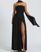 Asymmetric Corset-Style Maxi Dress with Matching Scarf