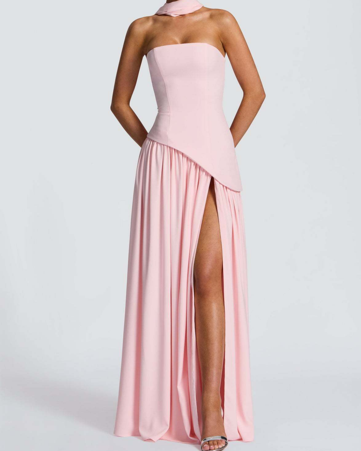 Asymmetric Corset-Style Maxi Dress with Matching Scarf