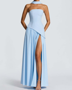 Asymmetric Corset-Style Maxi Dress with Matching Scarf
