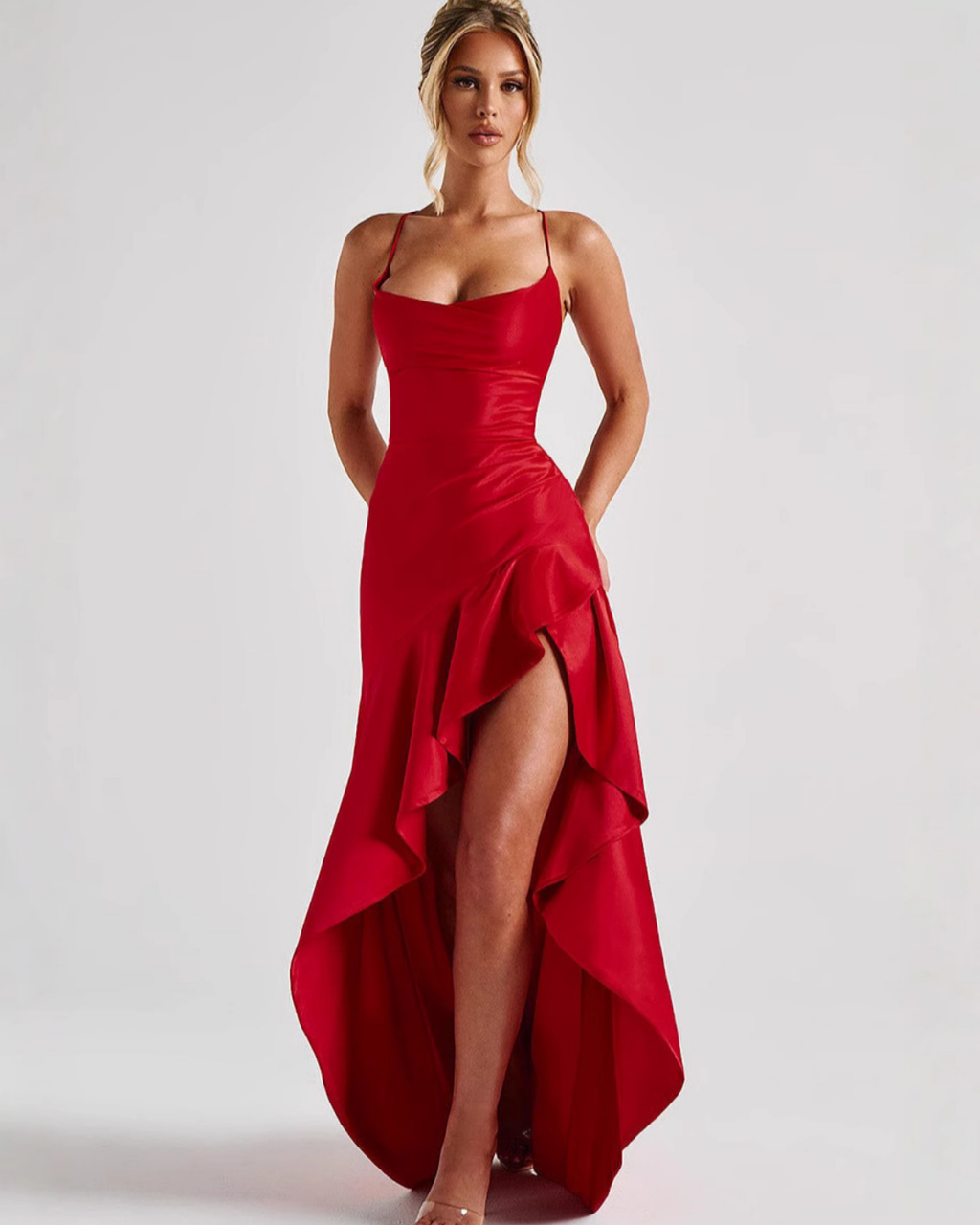 Cowl Neck Ruffle Slit Open-Back Satin Maxi Dress