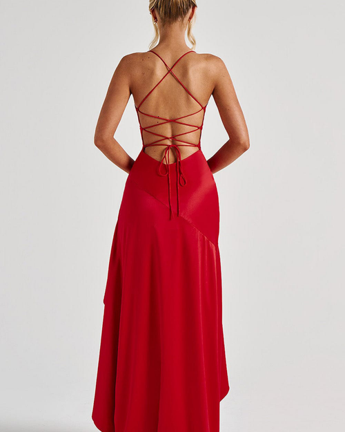 Cowl Neck Ruffle Slit Open-Back Satin Maxi Dress