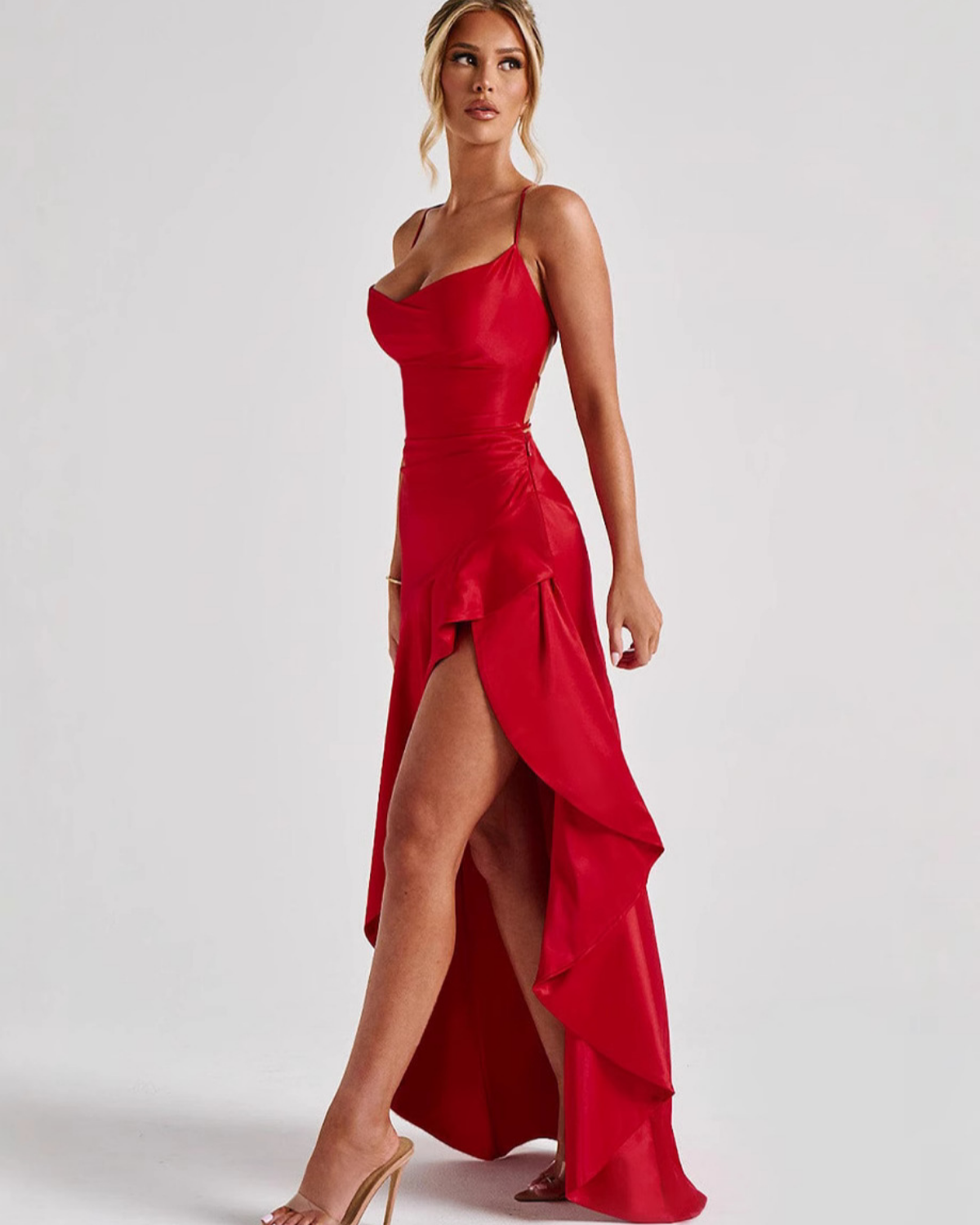 Cowl Neck Ruffle Slit Open-Back Satin Maxi Dress