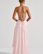 Cowl Neck Ruffle Slit Open-Back Satin Maxi Dress