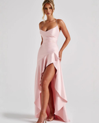 Cowl Neck Ruffle Slit Open-Back Satin Maxi Dress