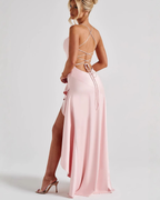 Cowl Neck Ruffle Slit Open-Back Satin Maxi Dress