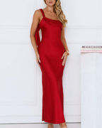 Asymmetric Draped One-Shoulder Satin Maxi Dress