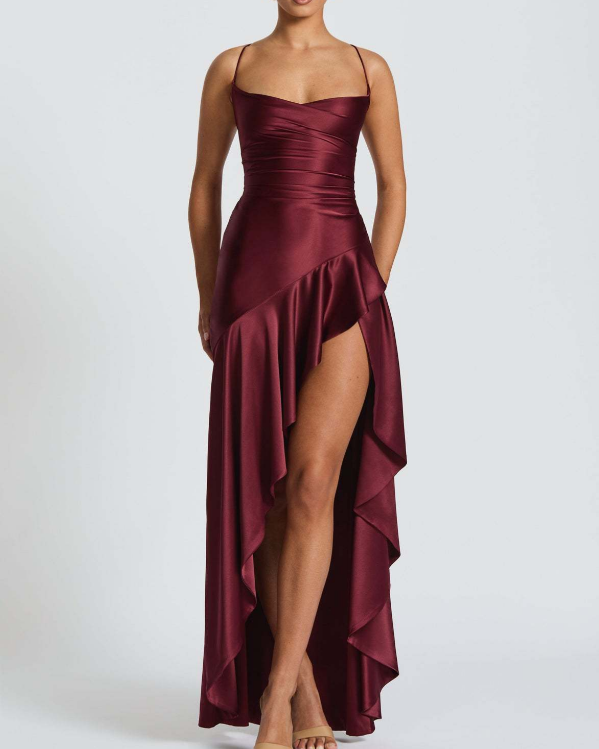 Cowl Neck Ruffle Slit Open-Back Satin Maxi Dress