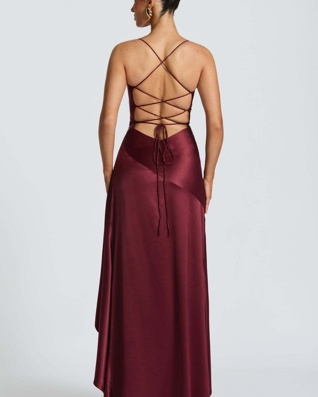 Cowl Neck Ruffle Slit Open-Back Satin Maxi Dress