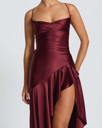Cowl Neck Ruffle Slit Open-Back Satin Maxi Dress