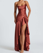 Cowl Neck Ruffle Slit Open-Back Satin Maxi Dress