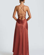 Cowl Neck Ruffle Slit Open-Back Satin Maxi Dress