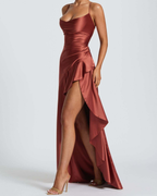 Cowl Neck Ruffle Slit Open-Back Satin Maxi Dress