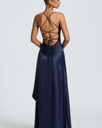 Cowl Neck Ruffle Slit Open-Back Satin Maxi Dress