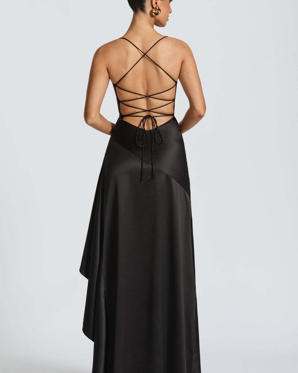Cowl Neck Ruffle Slit Open-Back Satin Maxi Dress