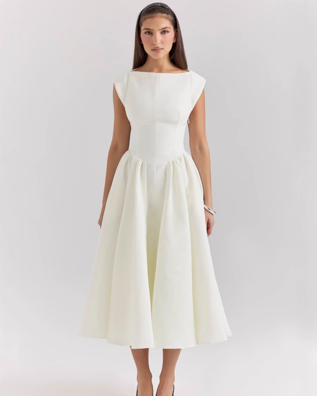 High Boat Neck Basque Waist Midi Dress