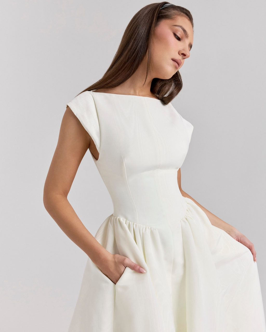 High Boat Neck Basque Waist Midi Dress