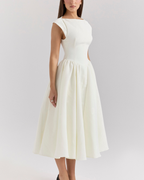 High Boat Neck Basque Waist Midi Dress