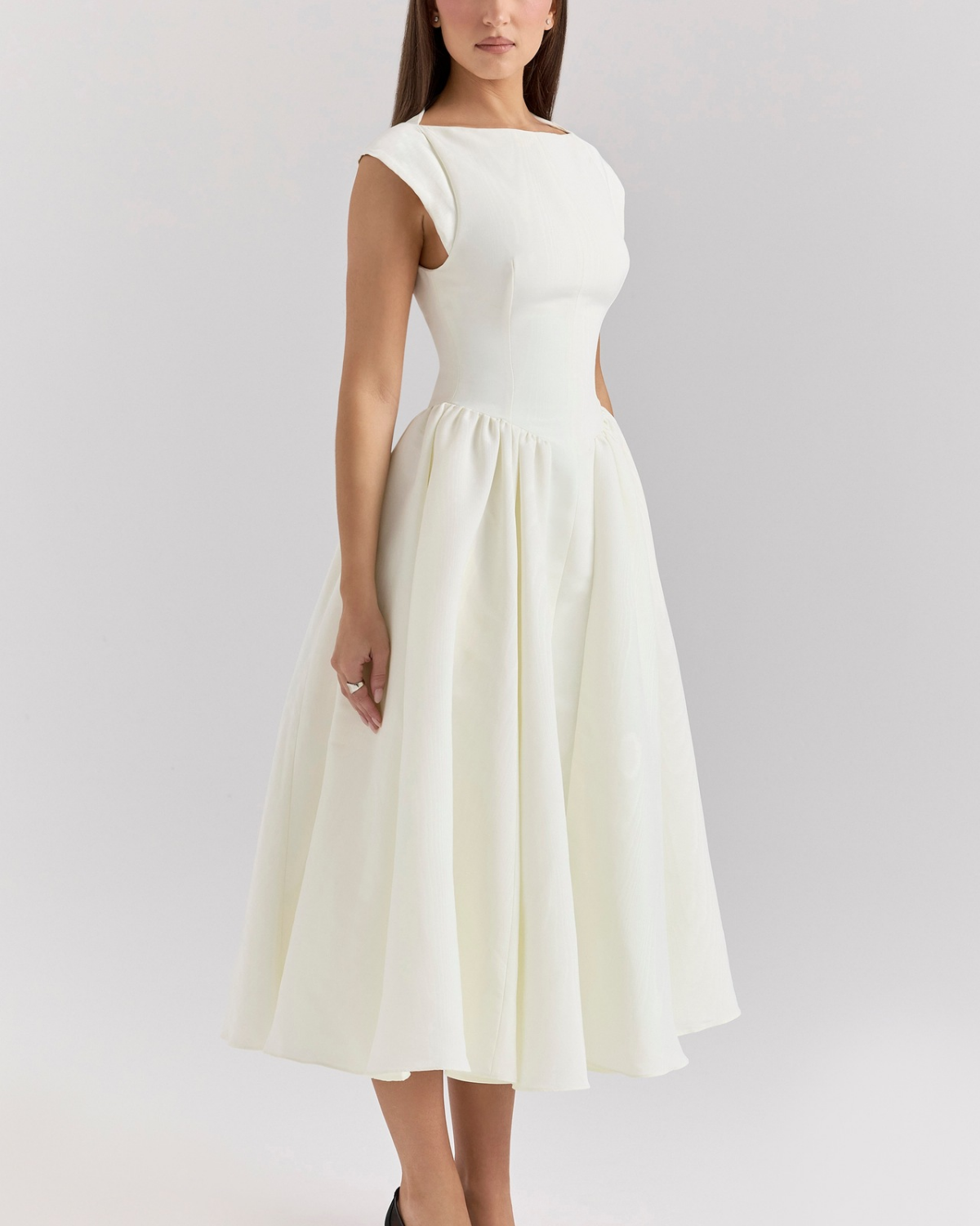 High Boat Neck Basque Waist Midi Dress