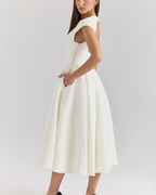 High Boat Neck Basque Waist Midi Dress