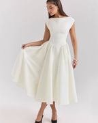High Boat Neck Basque Waist Midi Dress