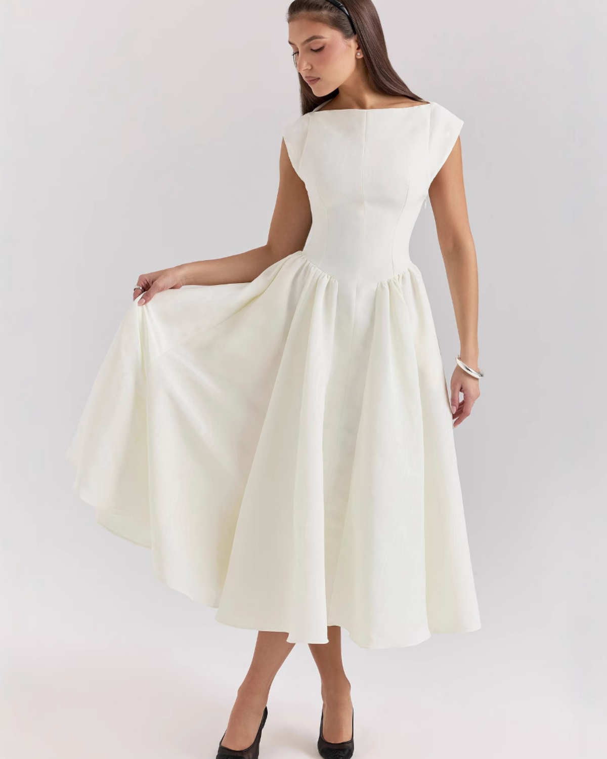 High Boat Neck Basque Waist Midi Dress