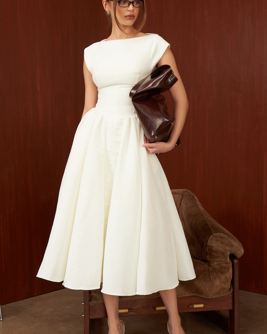 High Boat Neck Basque Waist Midi Dress