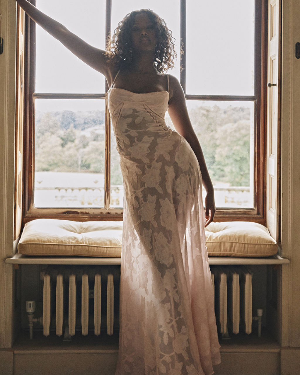 Romantic Floral Devoré Corset-Back Maxi Dress