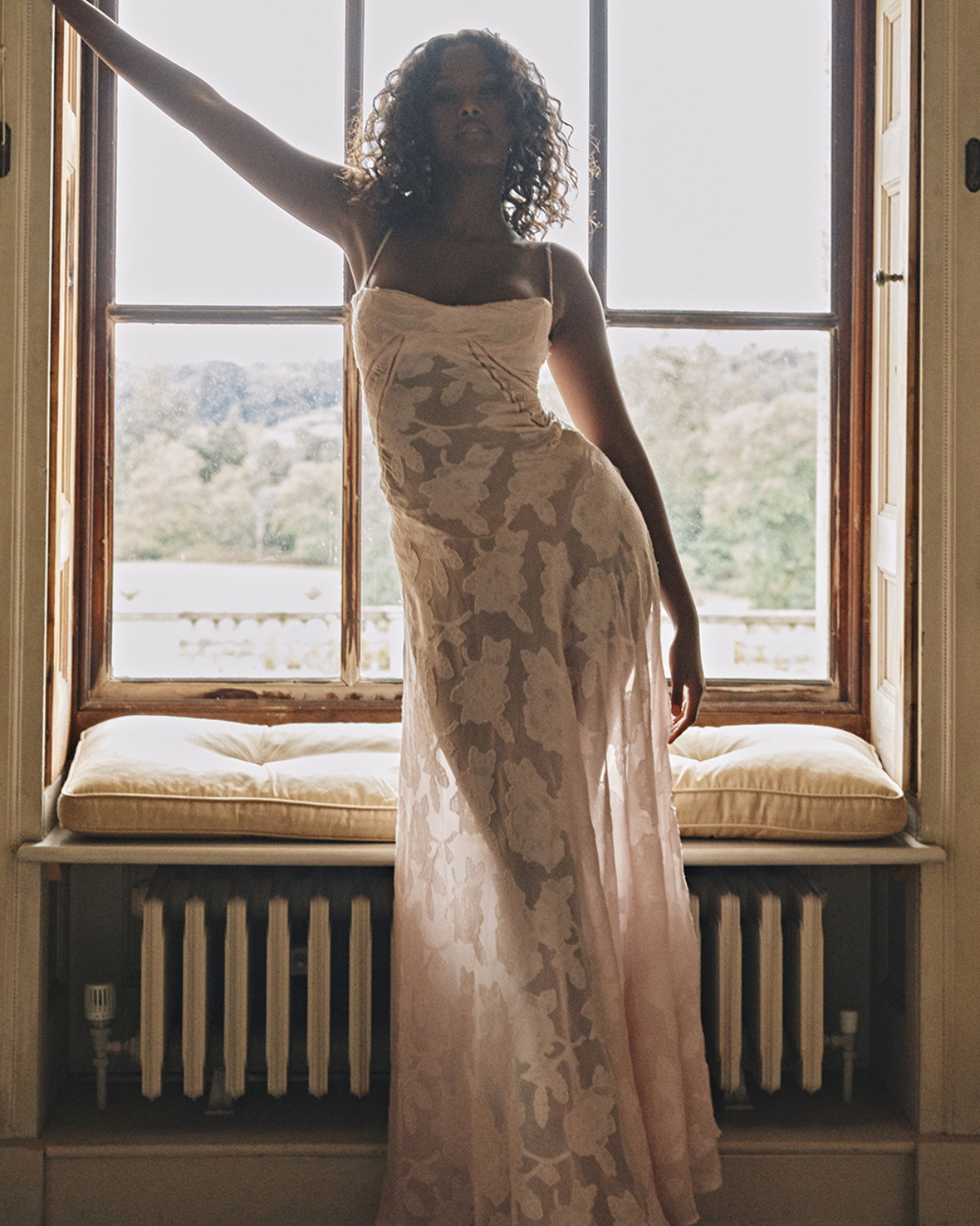 Romantic Floral Devoré Corset-Back Maxi Dress