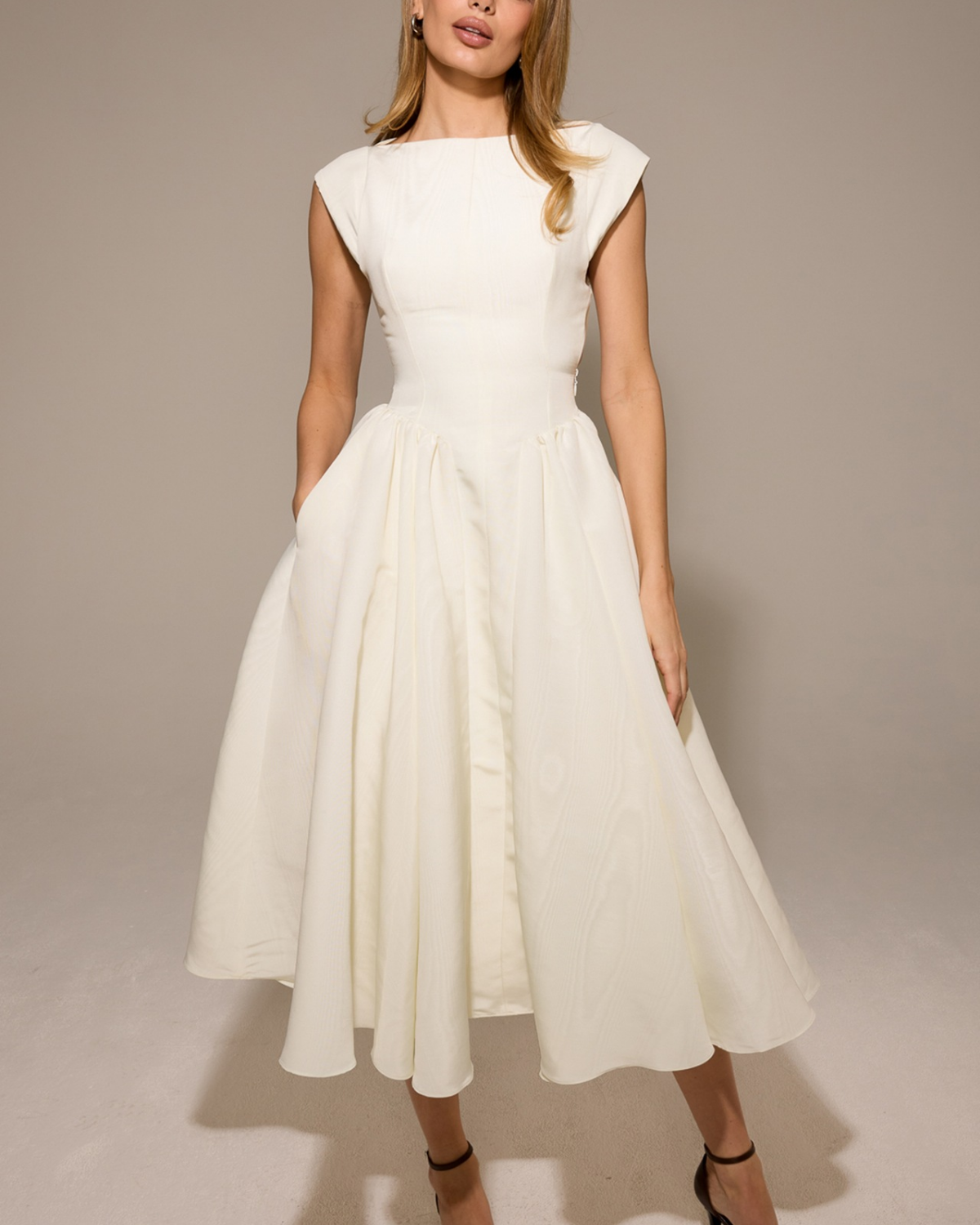 High Boat Neck Basque Waist Midi Dress