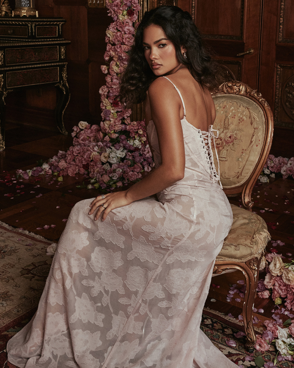 Romantic Floral Devoré Corset-Back Maxi Dress