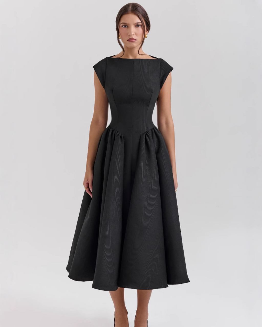 High Boat Neck Basque Waist Midi Dress