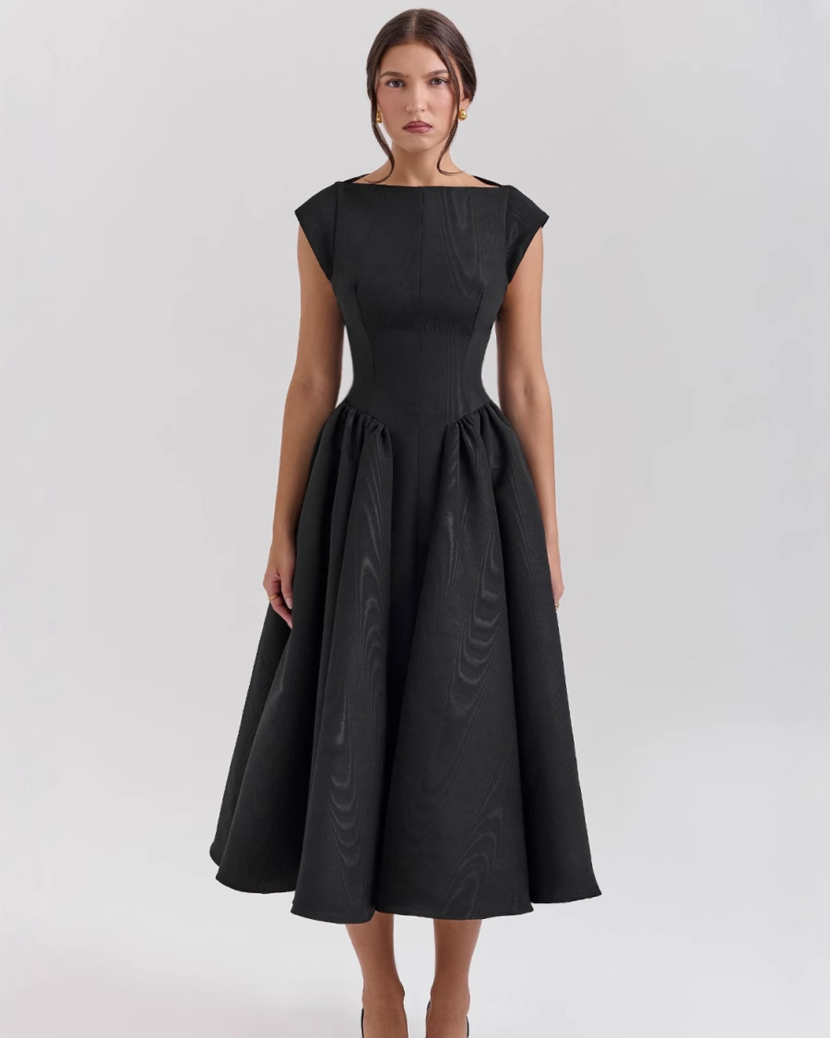 High Boat Neck Basque Waist Midi Dress