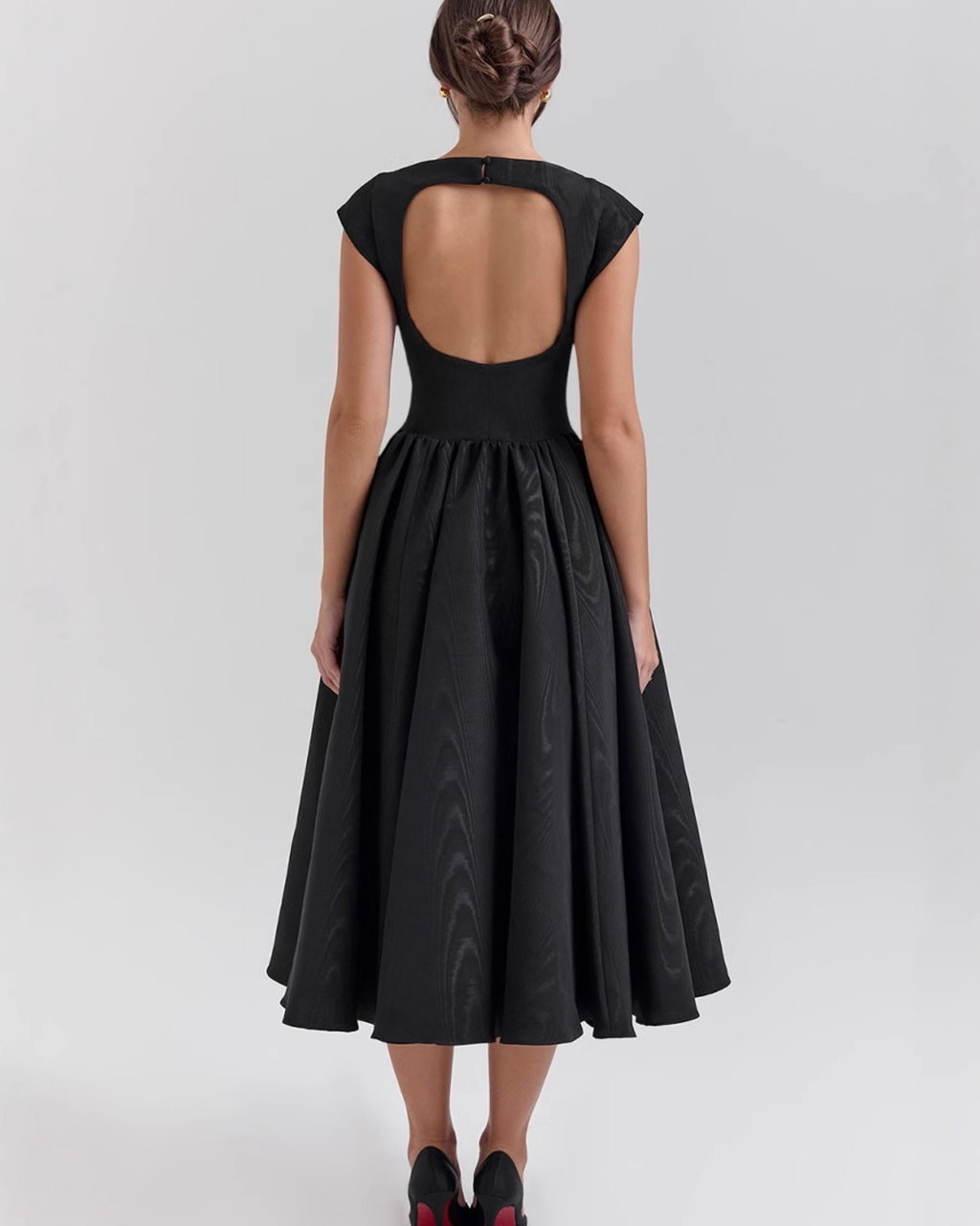 High Boat Neck Basque Waist Midi Dress