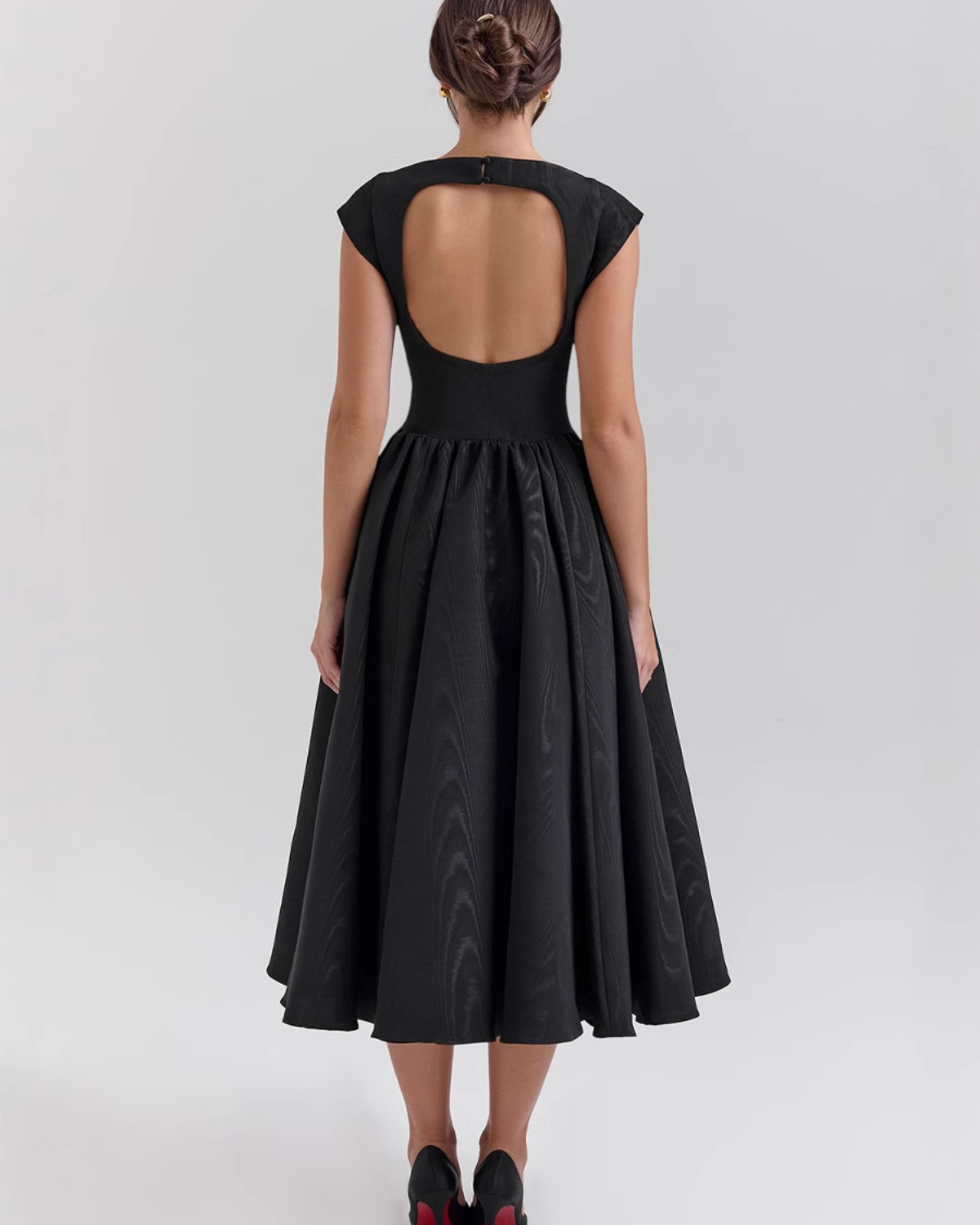 High Boat Neck Basque Waist Midi Dress