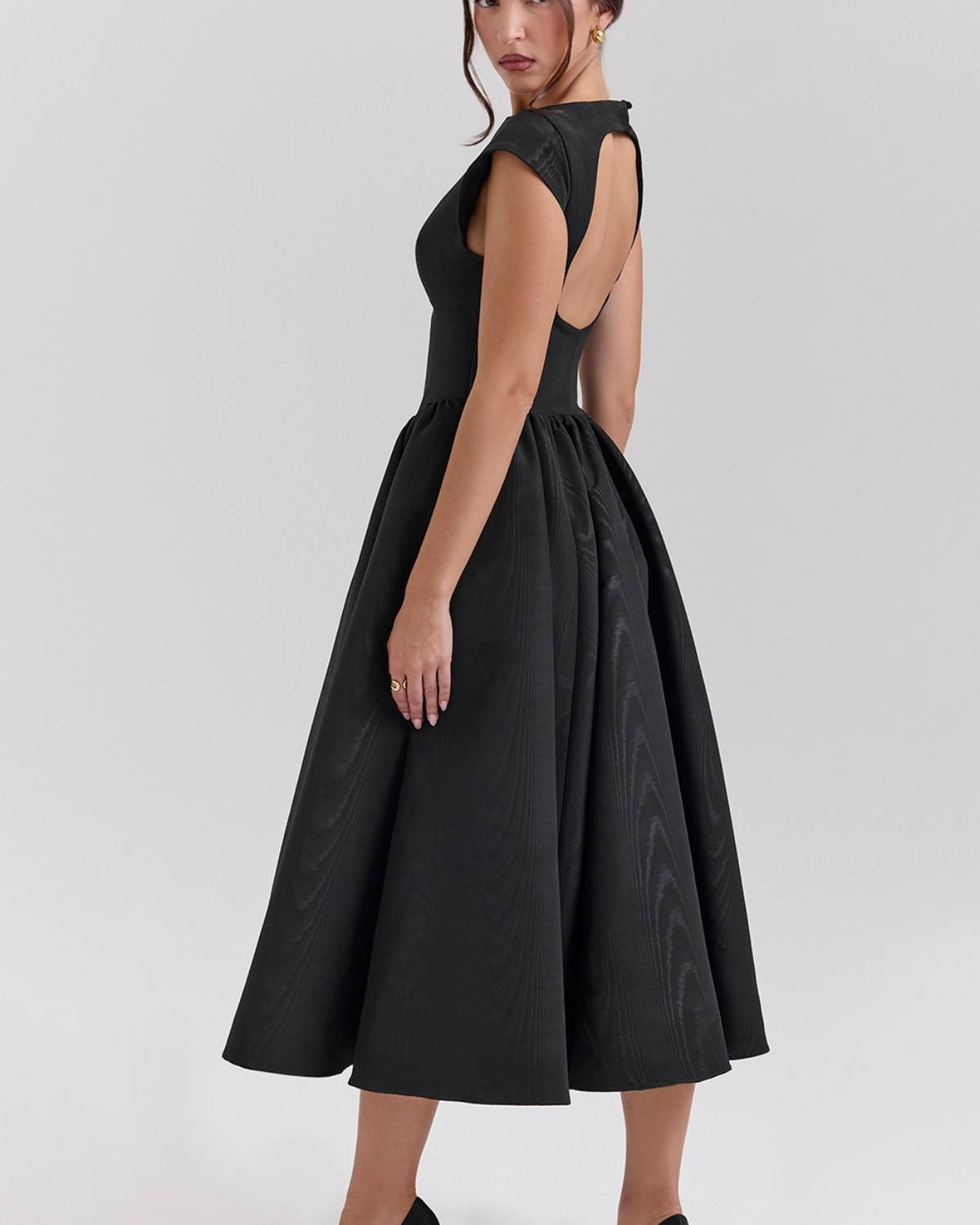 High Boat Neck Basque Waist Midi Dress