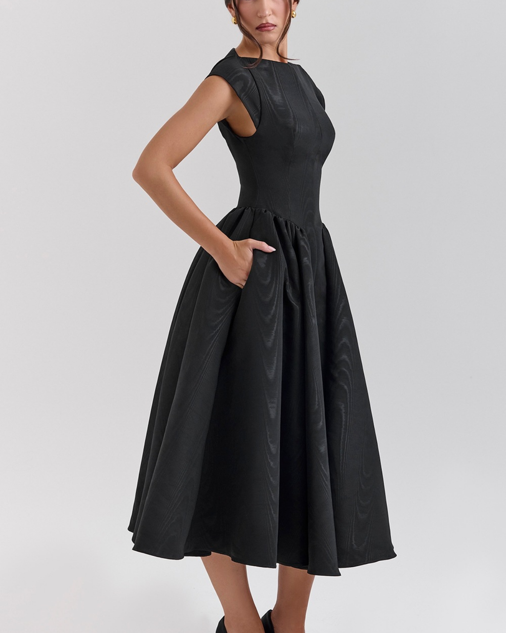 High Boat Neck Basque Waist Midi Dress