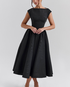 High Boat Neck Basque Waist Midi Dress