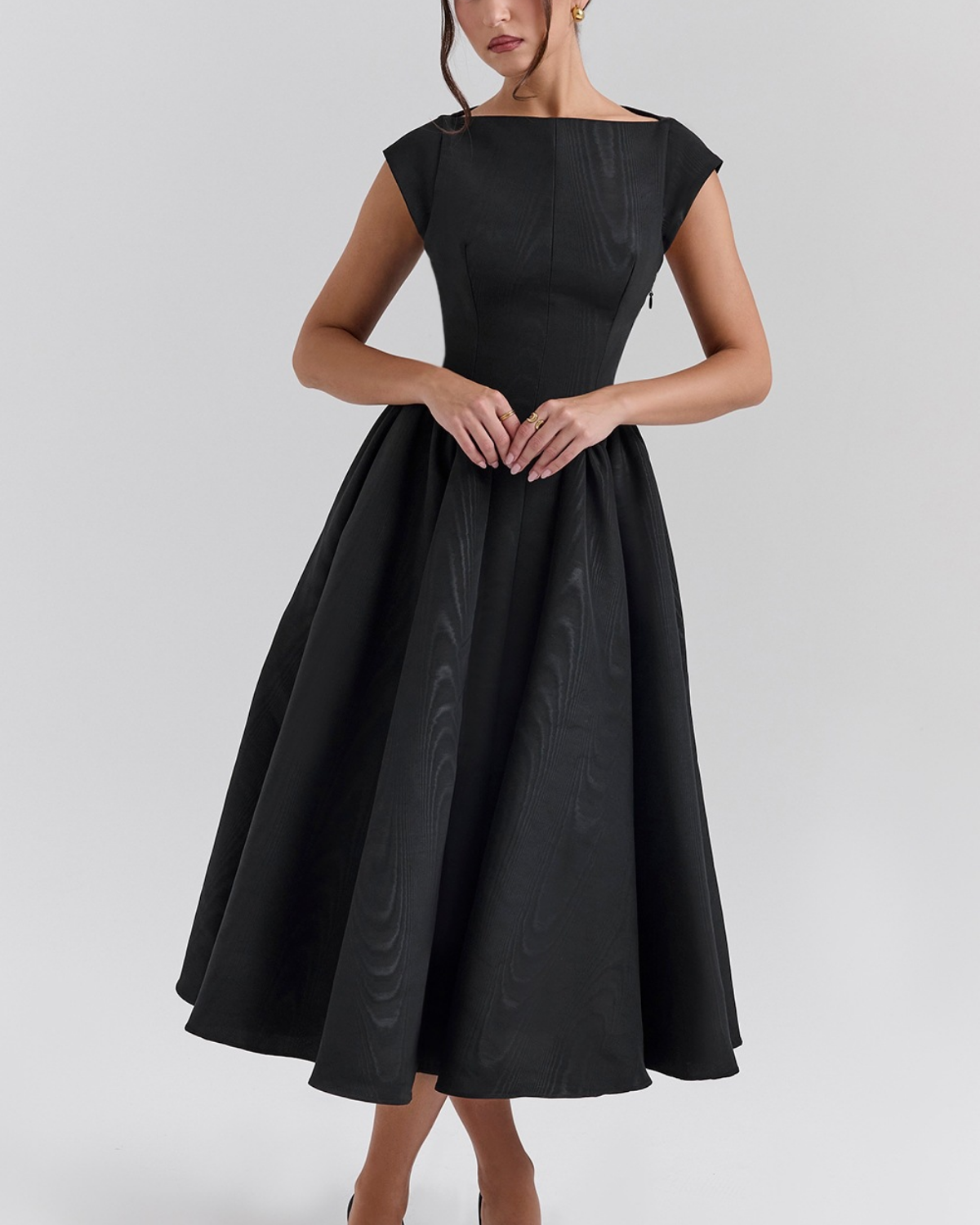 High Boat Neck Basque Waist Midi Dress