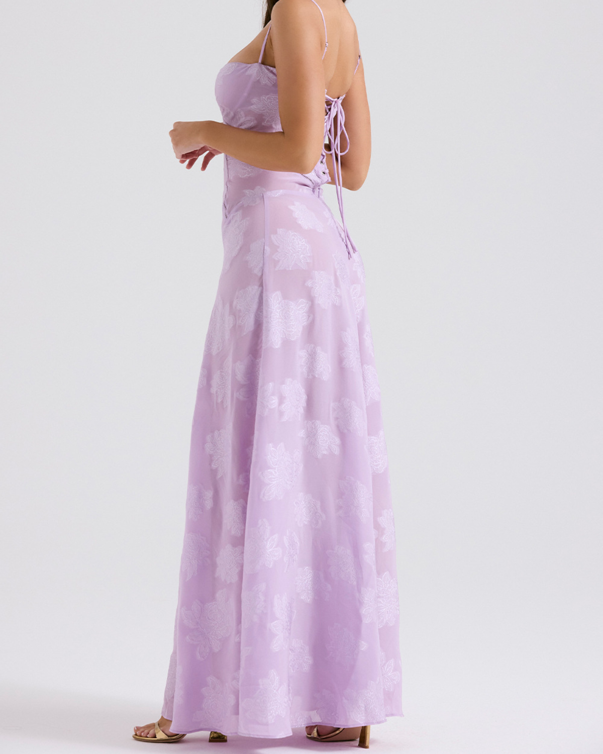 Romantic Floral Devoré Corset-Back Maxi Dress