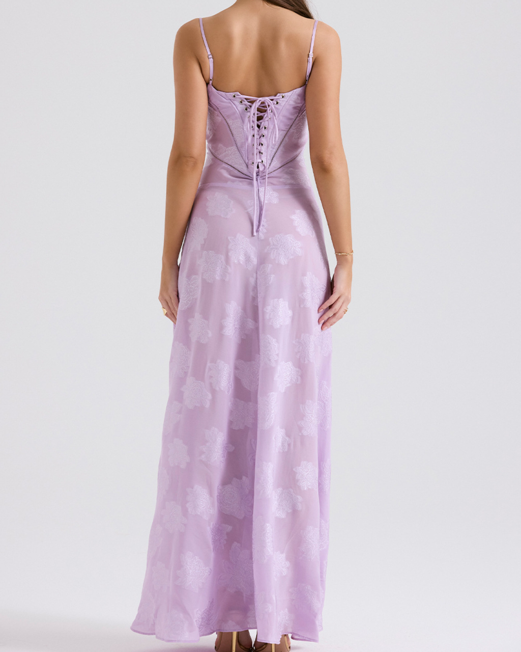 Romantic Floral Devoré Corset-Back Maxi Dress