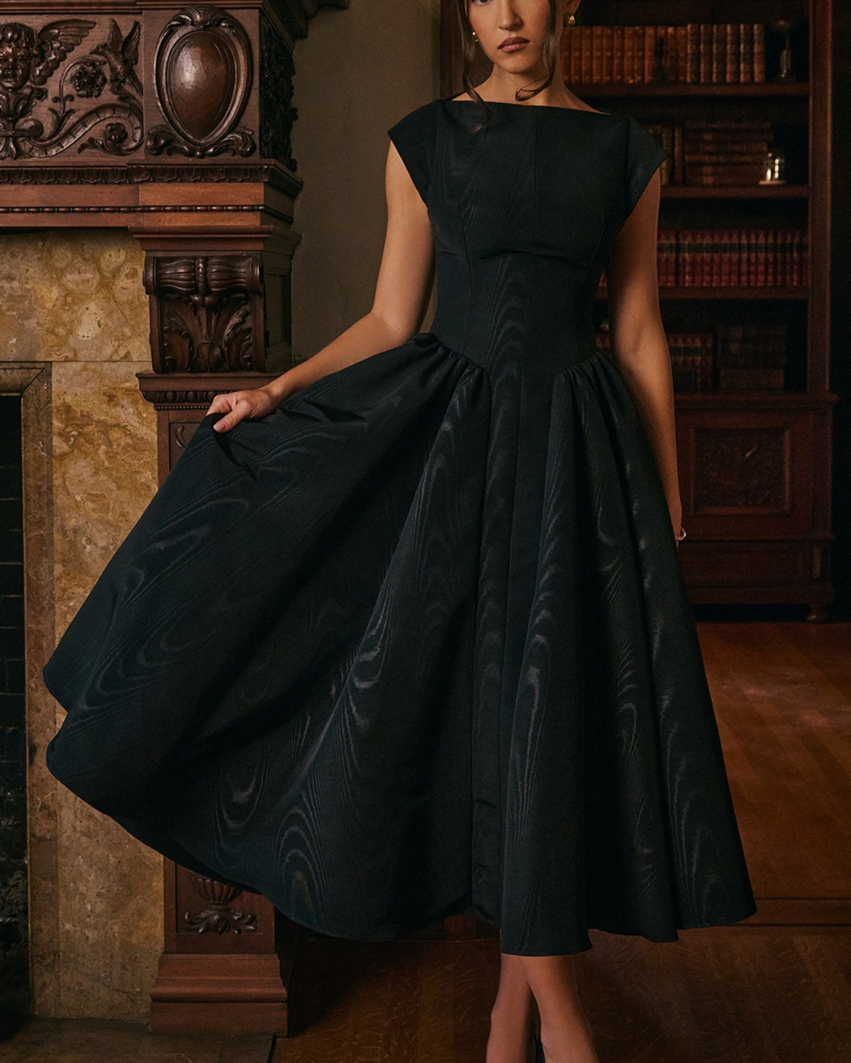 High Boat Neck Basque Waist Midi Dress