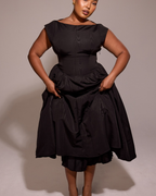 High Boat Neck Basque Waist Midi Dress