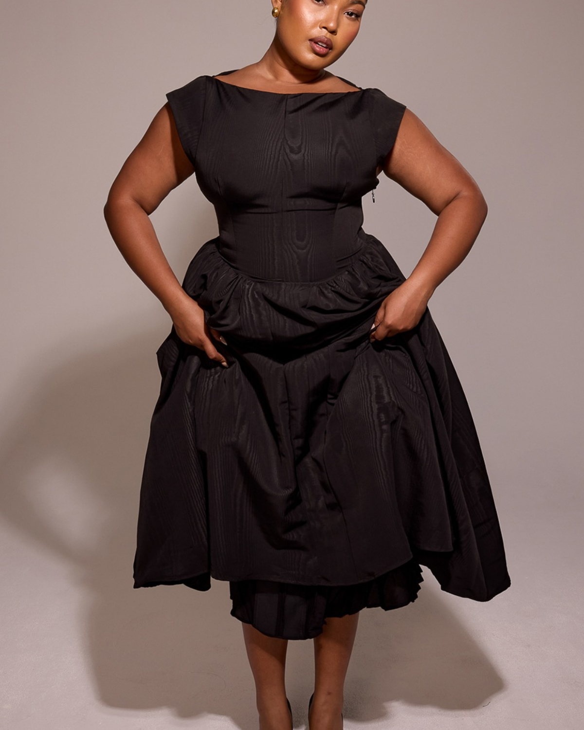 High Boat Neck Basque Waist Midi Dress