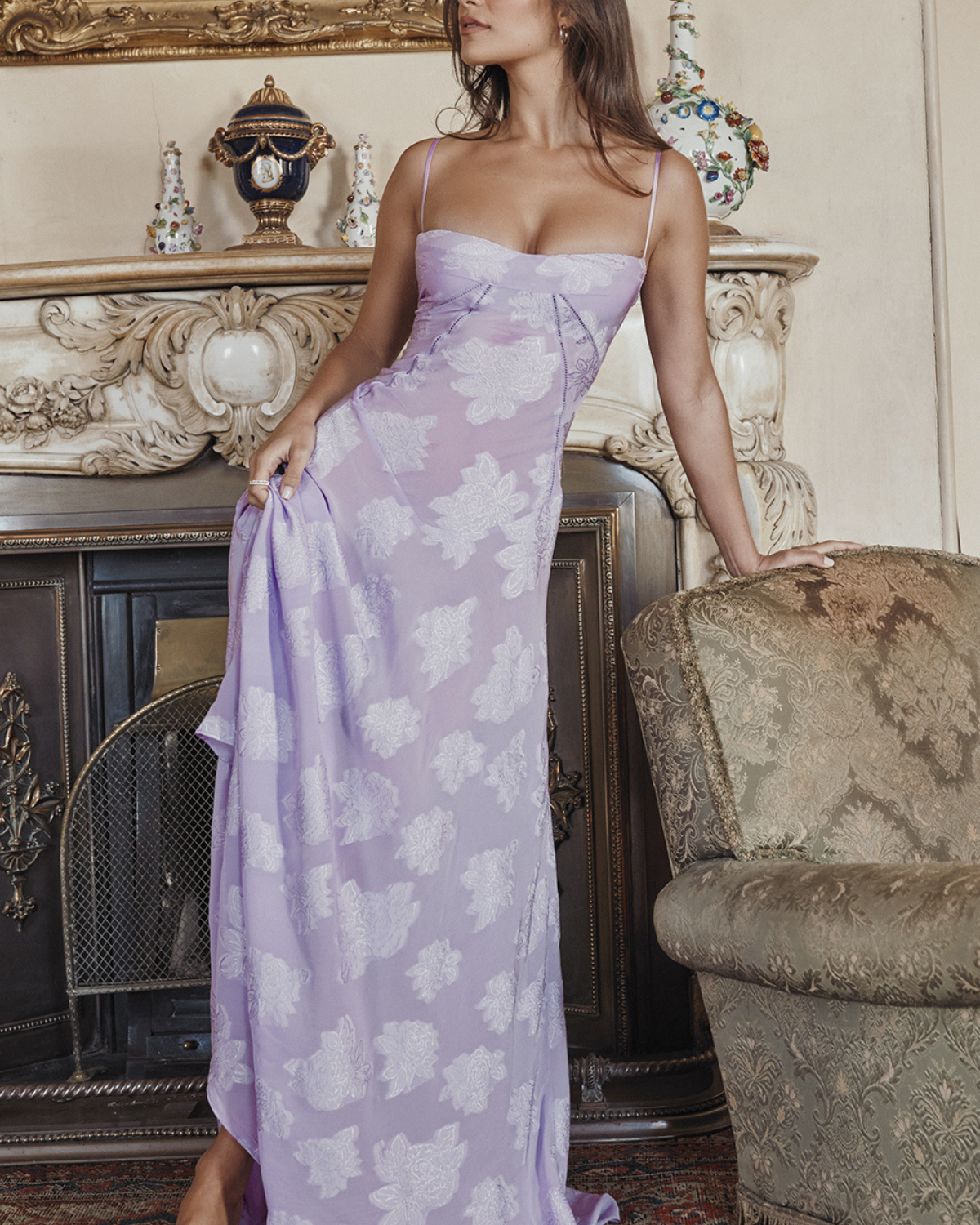 Romantic Floral Devoré Corset-Back Maxi Dress